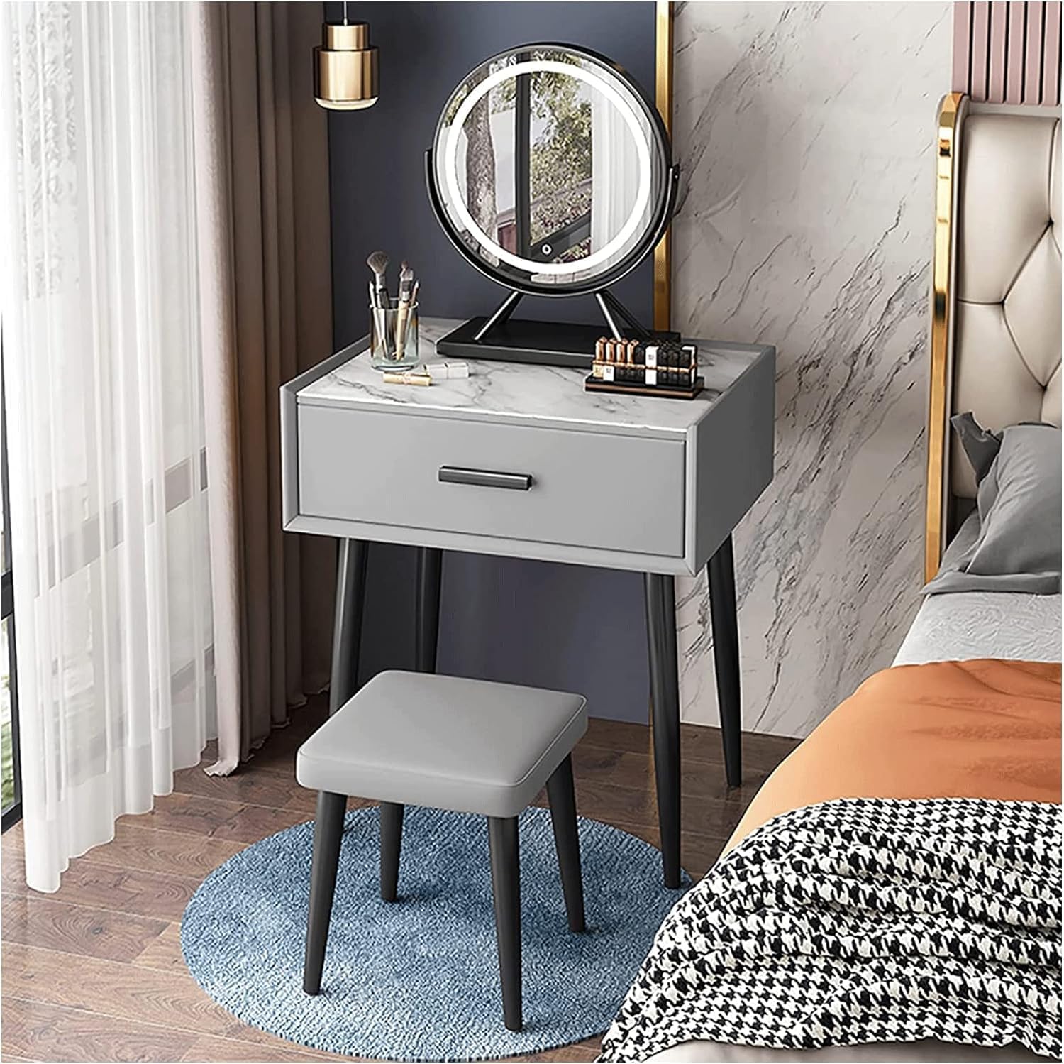 Rieort Makeup Table Cushioned Stool Vanity Benches with Led Lighted Mirror Dressing Table Large Drawers Nightstand Vanity Table Set