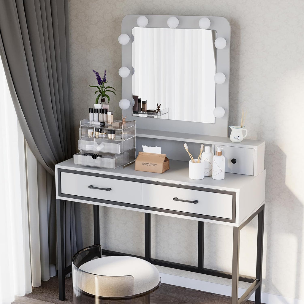 SUNVIVI Vanity, Makeup Vanity Desk with 3 Color Dimmable Lighted Hollywood Mirror, White Vanity with 4 Drawers, Large Dressing Table for Women Girls