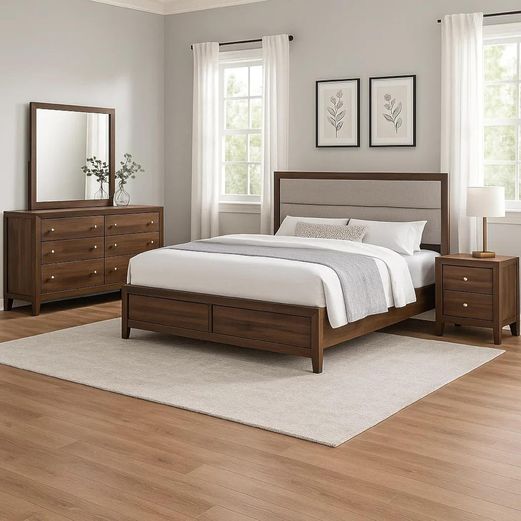 Benzara Yels 4 Piece King Bedroom Set, Gray Upholstery, Walnut Brown Wood