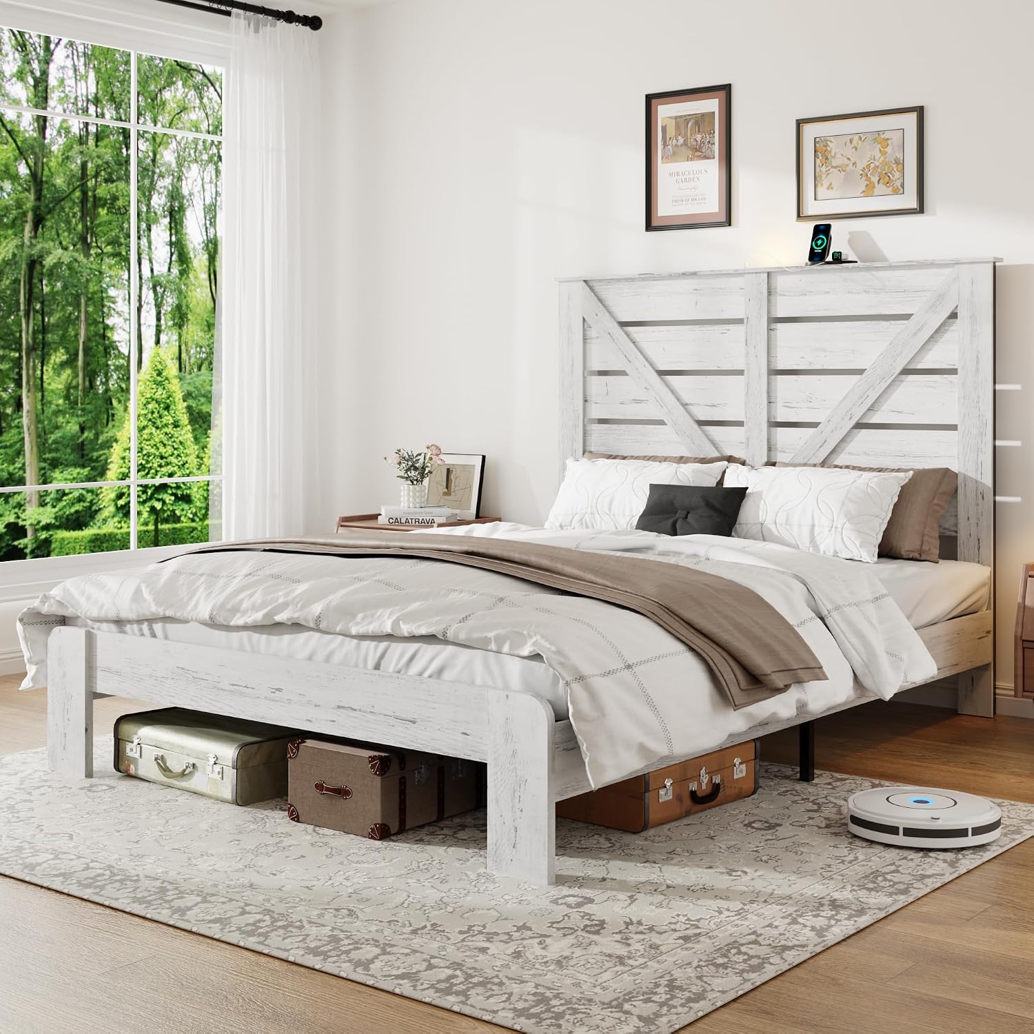 Queen Size Wooden Bed Frame with Headboard, Rustic Farmhouse Platform Bedframe with Metal Slat Support, Under Bed Storage Space, Easy Assembly, Noisy Free (Boho White, Queen)
