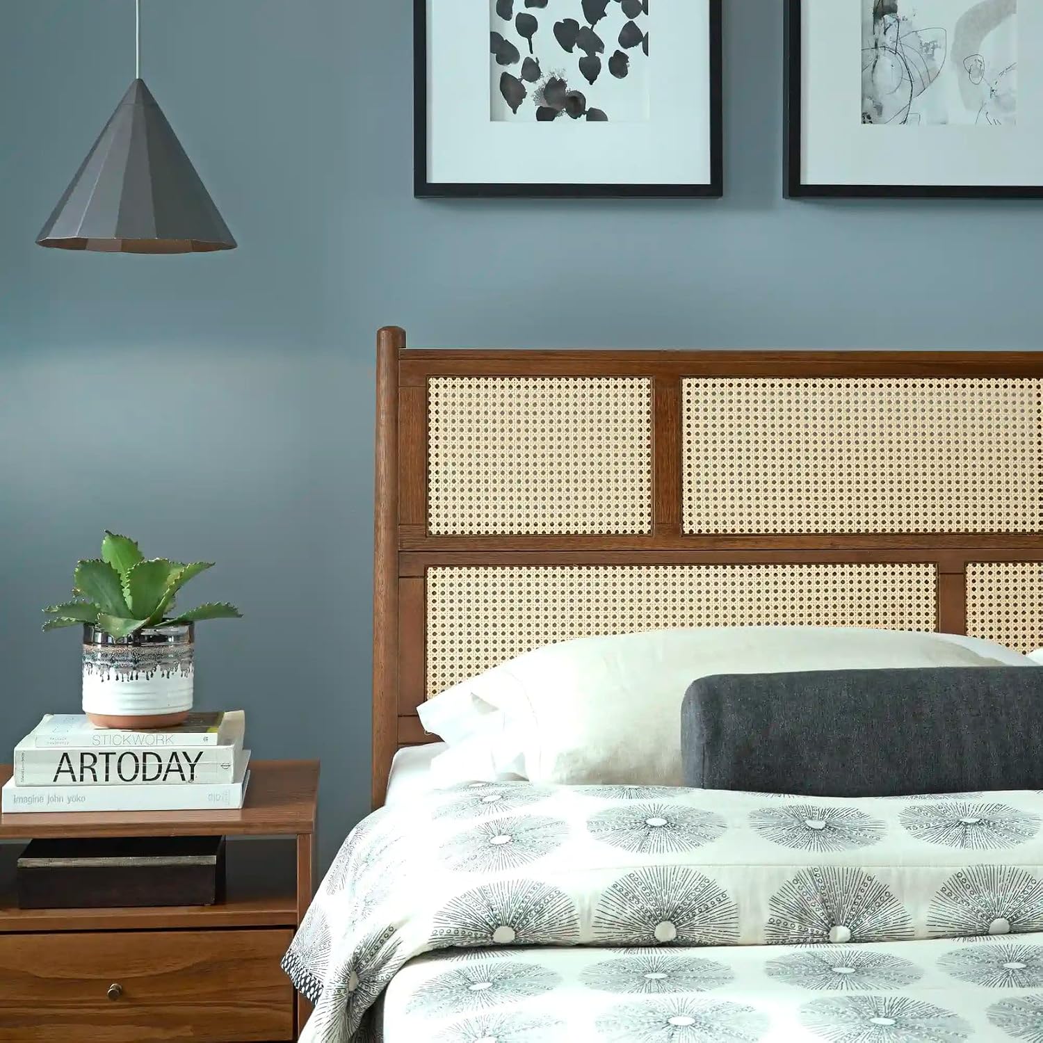 Grain Wood Furniture Mid Century Cane Solid Wood Queen Size Bed with a Brushed Walnut Finish