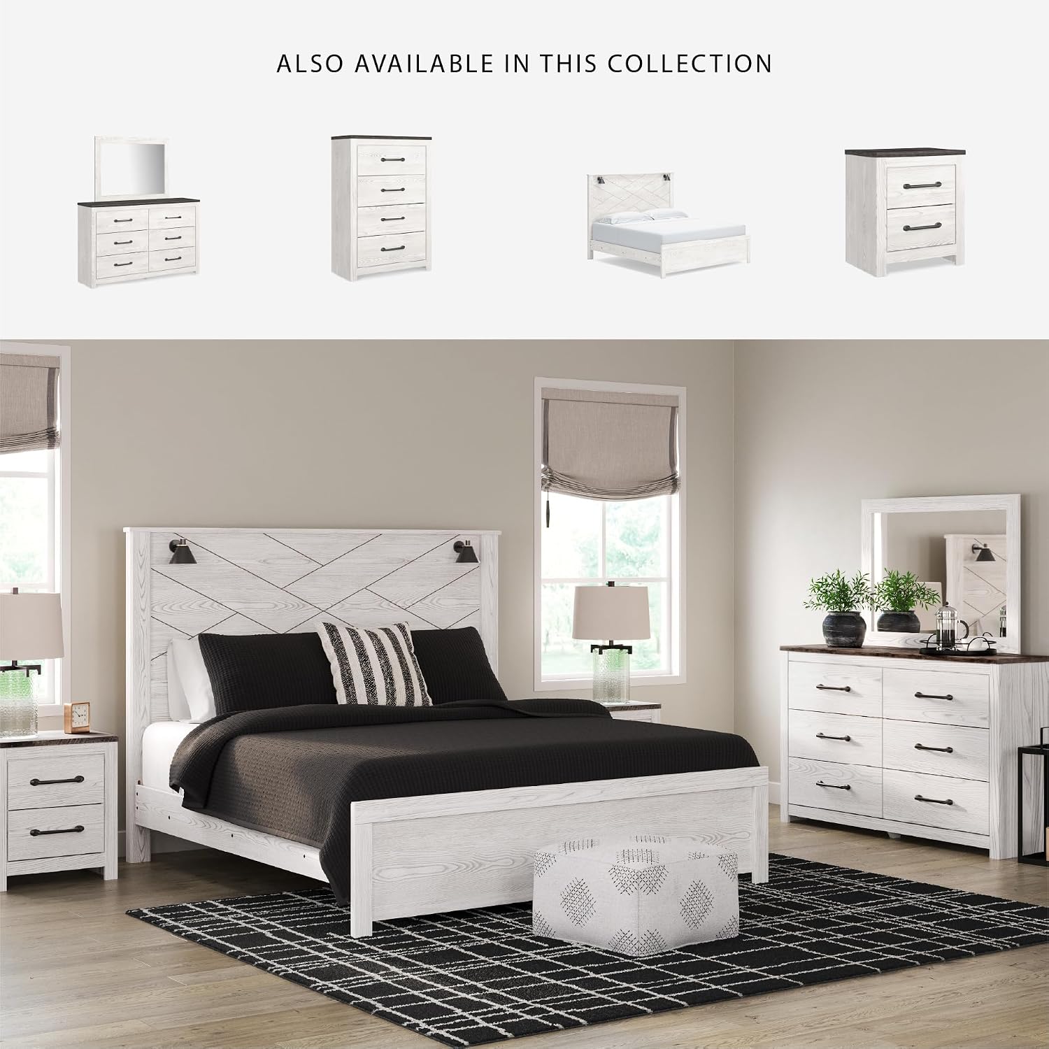Signature Design by Ashley Gerridan Casual King Panel Bed with Sconce Lights and Metal Slats, Foundation or Box Spring Needed, White