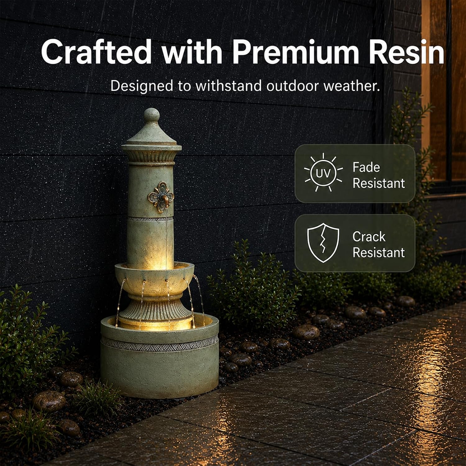 Bumilgar Outdoor Wall Fountain with LED Lights, 40.16' H Freestanding Garden Water Fountain, Large Floor Standing Patio Waterfall Feature, European Resin Flat Back Yard Courtyard Porch Décor