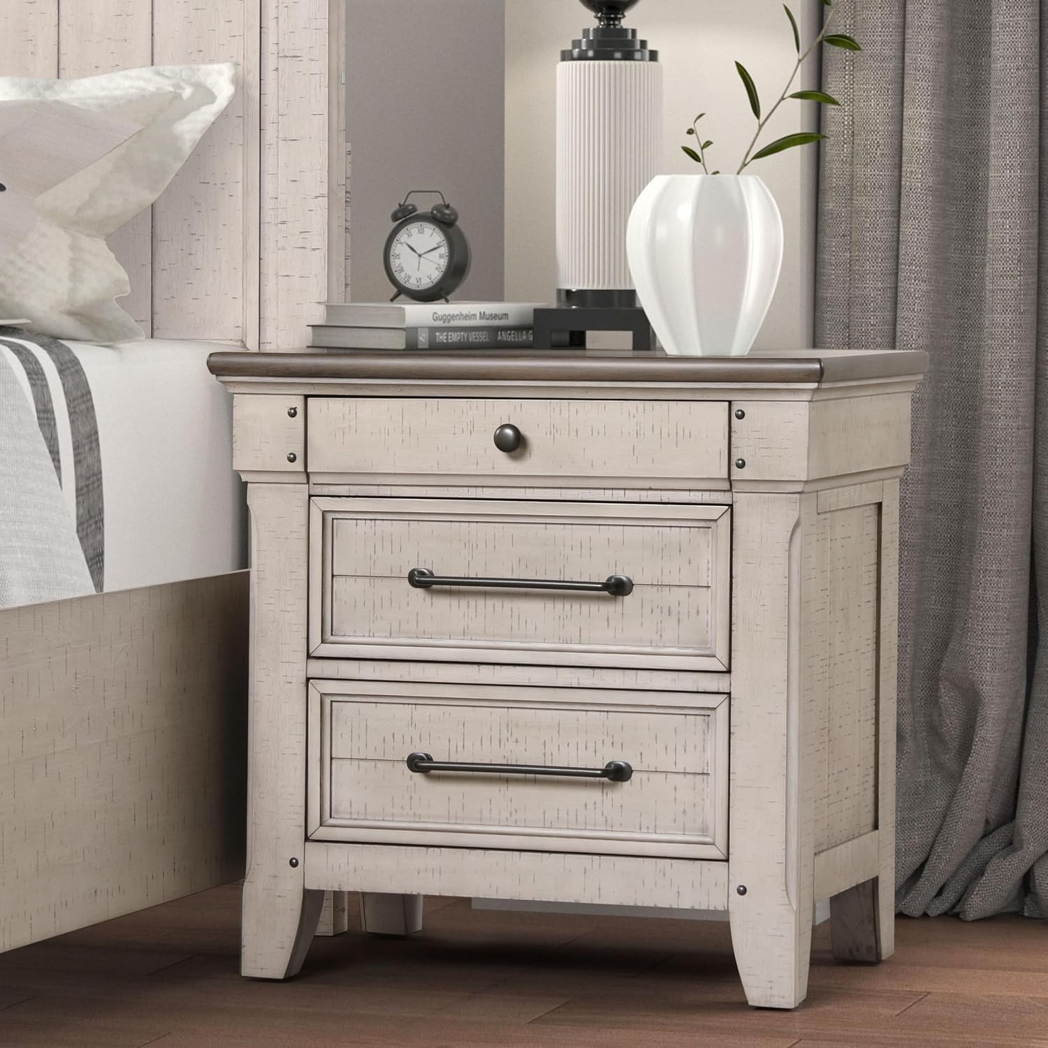 Roundhill Furniture Walcott 4-Piece Bedroom Set with Touch LED Lighting, Weathered Dusty-Taupe Finish, King