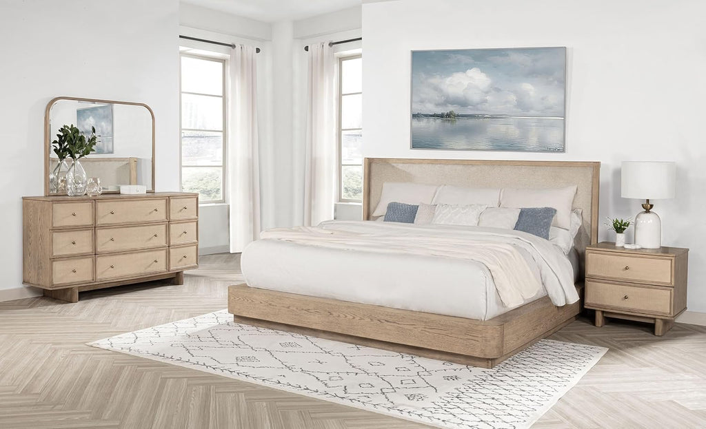 Coaster Home Furnishings Kailani Coastal 4-Piece Bedroom Set Fabric Upholstered Eastern King Size Wingback Bed Frame 49-inch Headboard Beige Oak 225041KE-S4