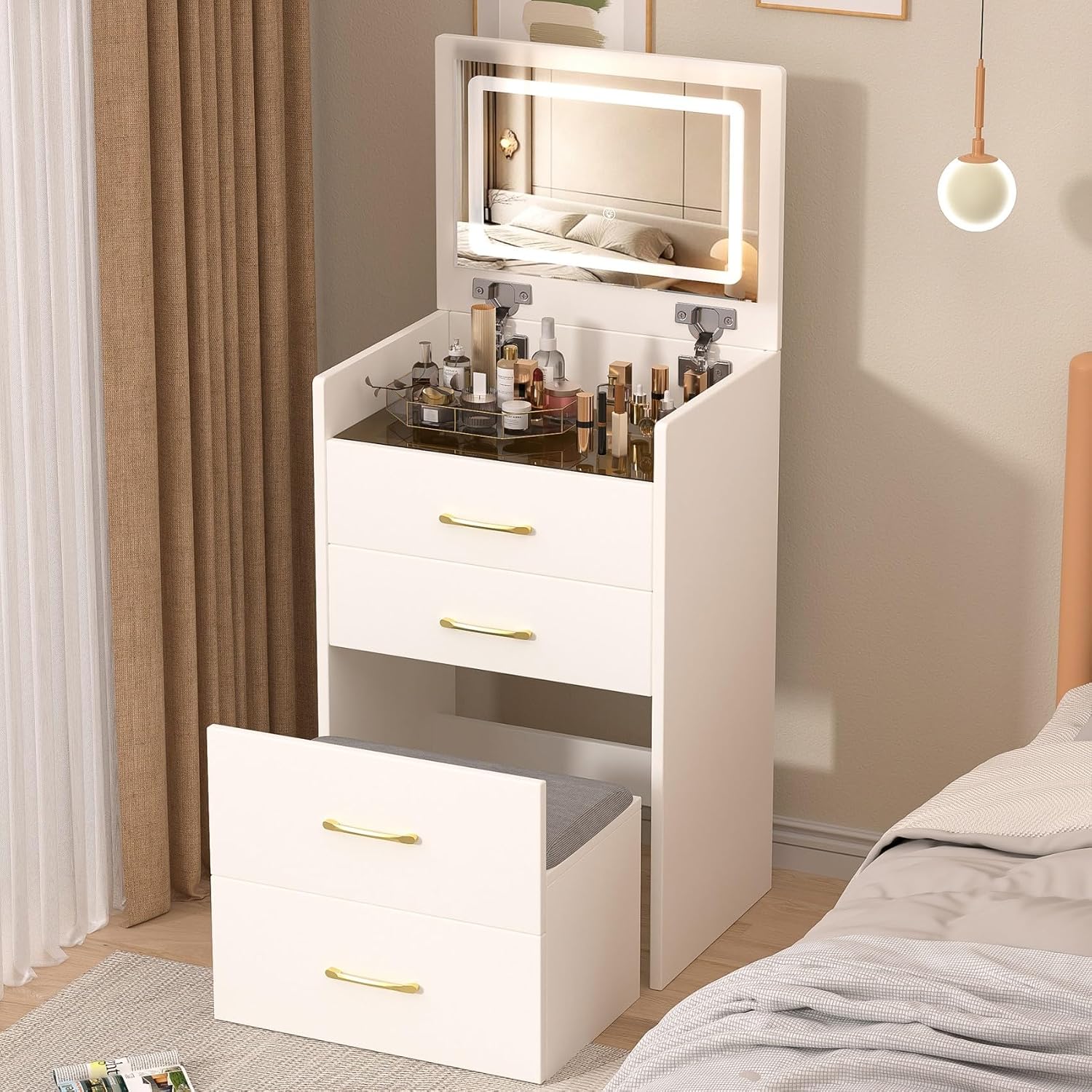 KEIKI 3 in 1 Make Up Vanity Desk with Open Top Mirror, Nesting Stool, Visible Glass Desktop & 3 Storage Drawers, 3 Lighting Color, Makeup Dresser Table or Nightstand for Bedroom, Dressing Room