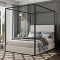 Modern Luxury 4-Poster Canopy Platform Bed Queen Size with Velvet Upholstered Tall Headboard, Metal Canopied Design Platform Bed Frame with Strong Slats Support (White+Black)