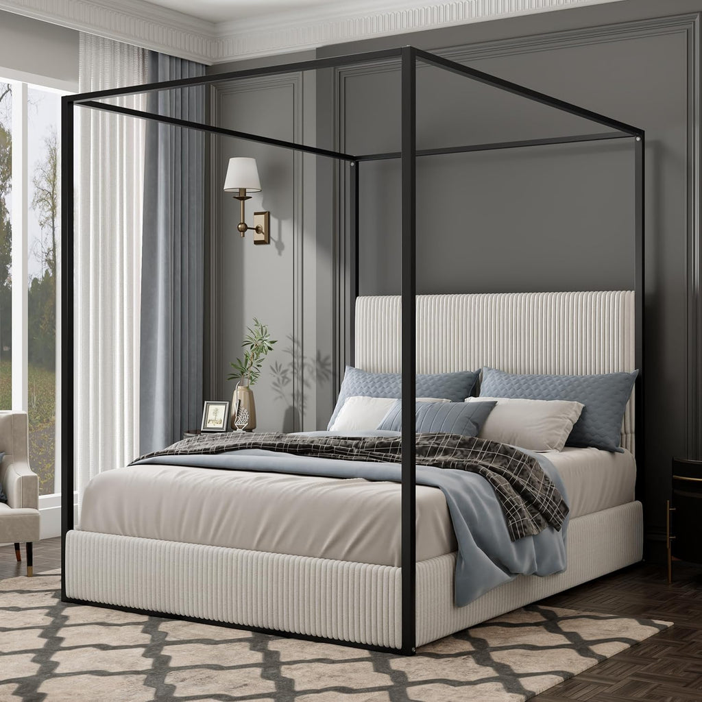 Modern Luxury 4-Poster Canopy Platform Bed King Size with Velvet Upholstered Tall Headboard, Metal Canopied Design Platform Bed Frame with Strong Slats Support (White+Black+King)