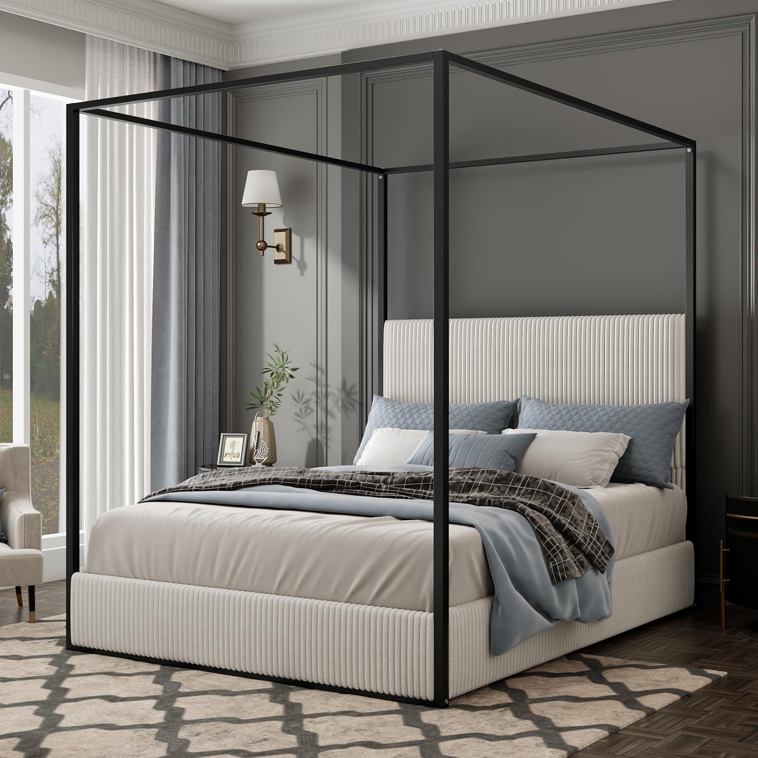 Modern Luxury 4-Poster Canopy Platform Bed King Size with Velvet Upholstered Tall Headboard, Metal Canopied Design Platform Bed Frame with Strong Slats Support (White+Black+King)