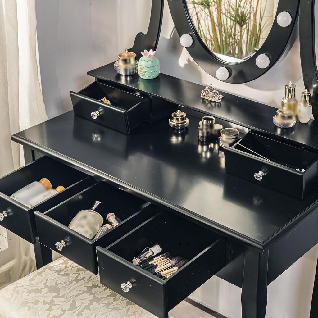 Vanity Desk, Vanity Mirror with Lights and Table Set with 5 Drawers, Wood Makeup Dressing Table with Oval Mirror & Stool for Bedroom Women Girls，Black