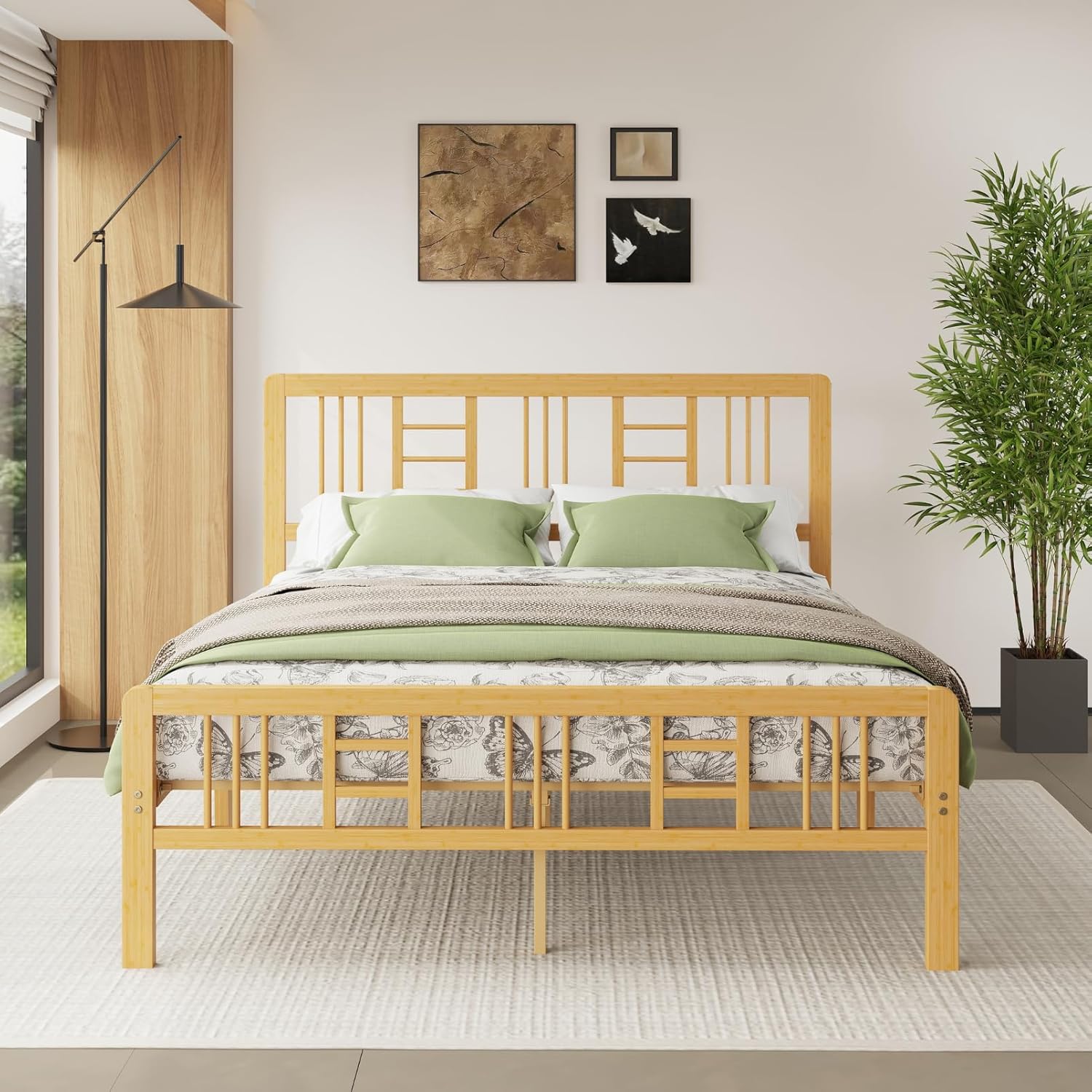 14 Inch Bamboo Wood Queen Size Platform Bed Frame with Headboard and Footboard, Metal Slat Support Bed Frame Queen Size Heavy Duty, No Box Spring Needed, Easy Assembly, Noise Free, Reinforced