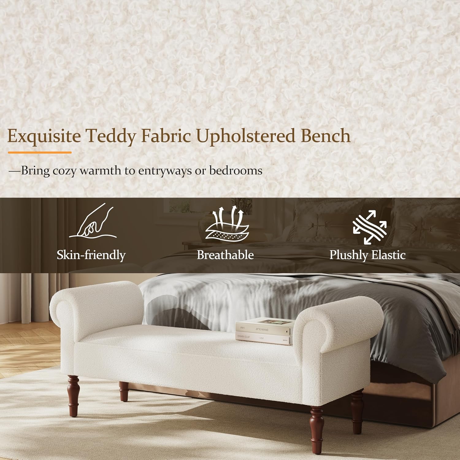Merax 59' Upholstered Teddy Bench with Rolled Arms, End of Bed Bench with Cushion & Solid Wood Legs for Bedroom, Living Room, Entryway, White