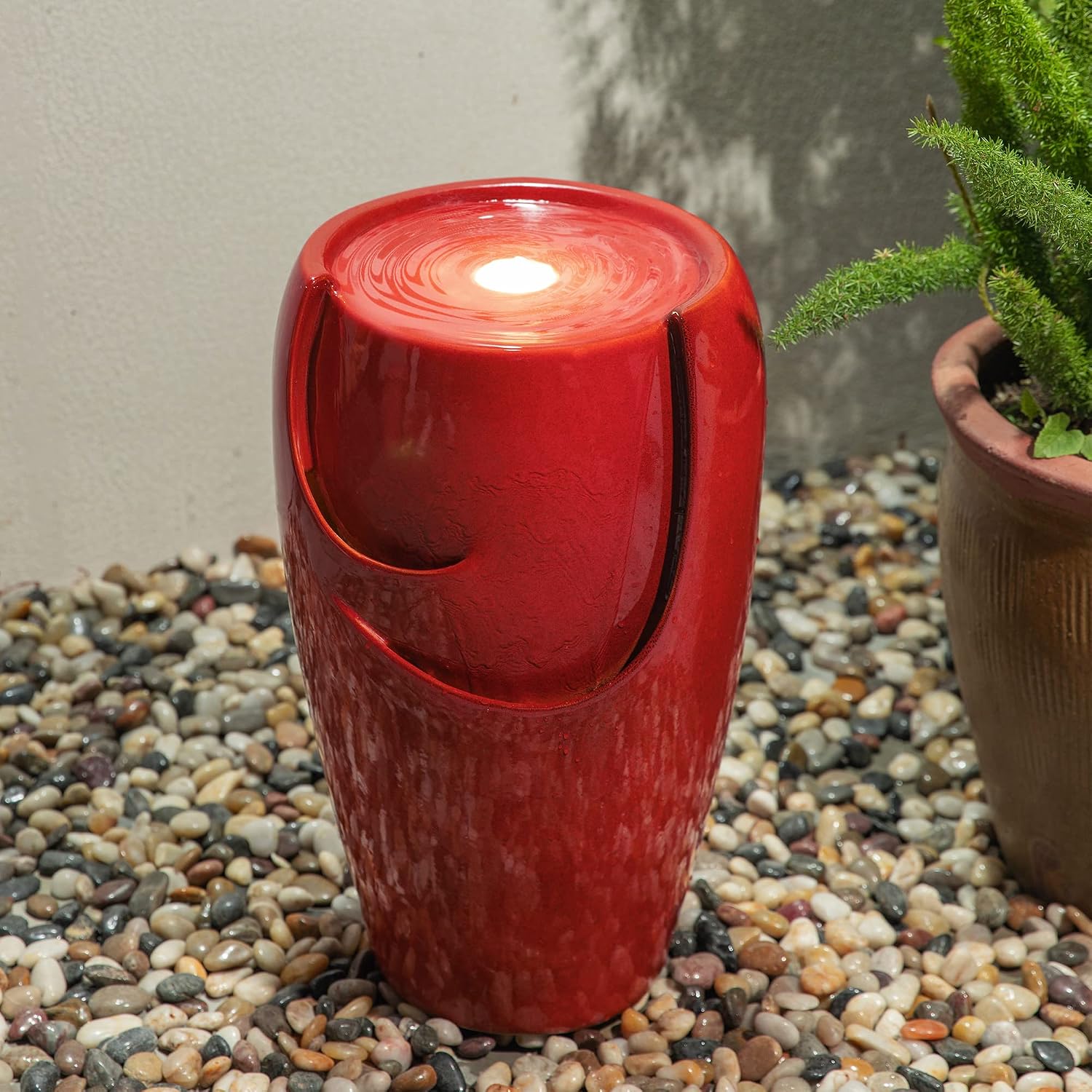 Glitzhome 21.25' H Ceramic Vase Outdoor Water Fountain Tall Patio Garden Water Fountain with LED Light and Submersible Pump Yard Art Decor, Red
