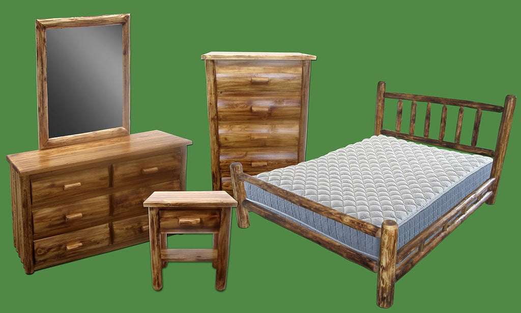 Log Bedroom Set - 5pc Torched Cedar/Amish Handcrafted / 100% Solid Wood/Dovetail/Double Log Side Rail Bed/King Size