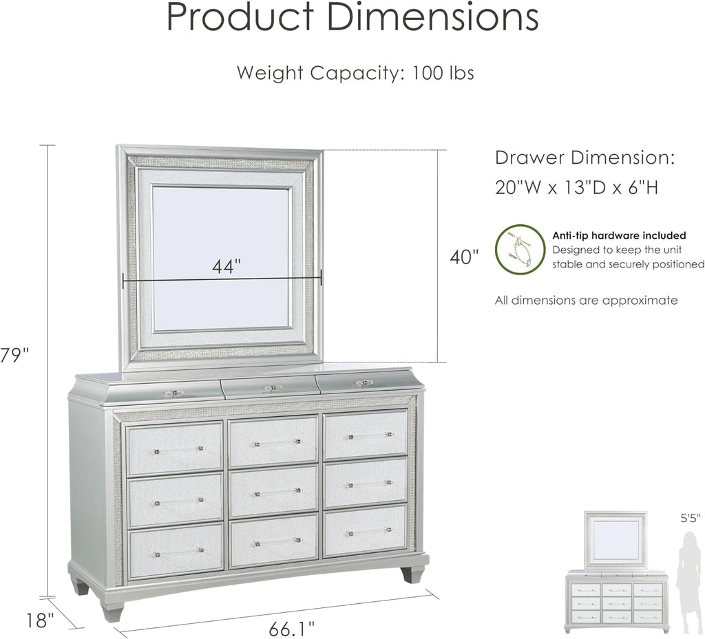 Furniture of America Silvia Glam Solid Wood 4-Piece Bedroom Set with Layered Frame Bed, Faux Crystal Trim LED on Nightstand and Dresser with Mirror, Box Spring Needed for Bedroom, King, Silver