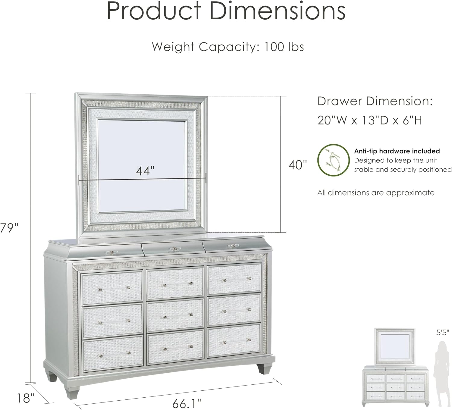 Furniture of America Silvia Glam Solid Wood 4-Piece Bedroom Set with Layered Frame Bed, Faux Crystal Trim LED on Nightstand and Dresser with Mirror, Box Spring Needed for Bedroom, King, Silver