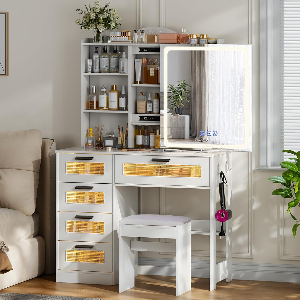 Vanity Desk with Mirror and Adjustable RGB Lights,Large 6 Drawers Makeup Table with Charging Station for Women and Girls, Bedroom or Dorm, White