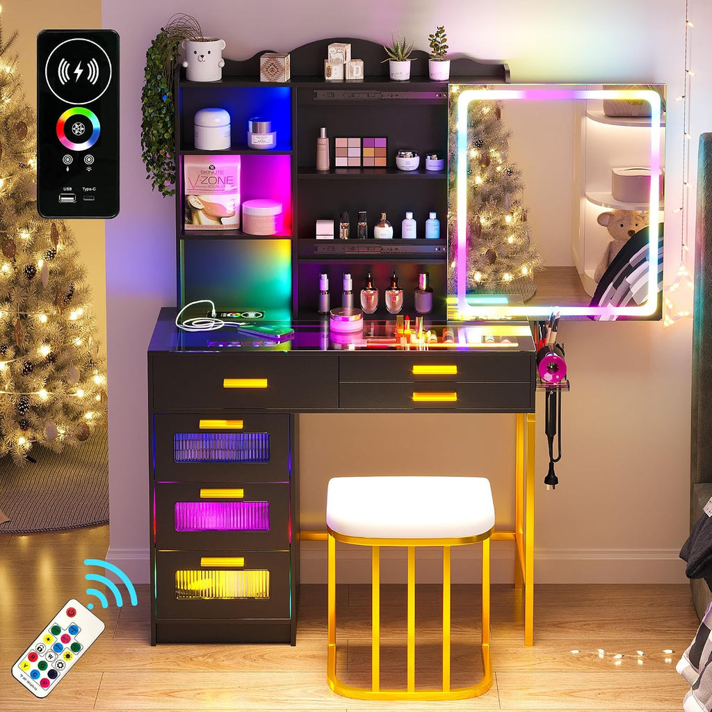 WOOVIVS Vanity with LED Mirror, Makeup Desk with Charging Station for Bedroom, Vanities with RGB Lights, Glass Top Vanity Set with Stool,6 Drawers Dressing Table for Girls-Black