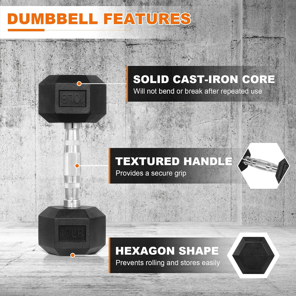Fitvids Hex Dumbbells Rubber Coated Hand Weights for Exercises and Fitness Home Gym, 5-50 LB Pair