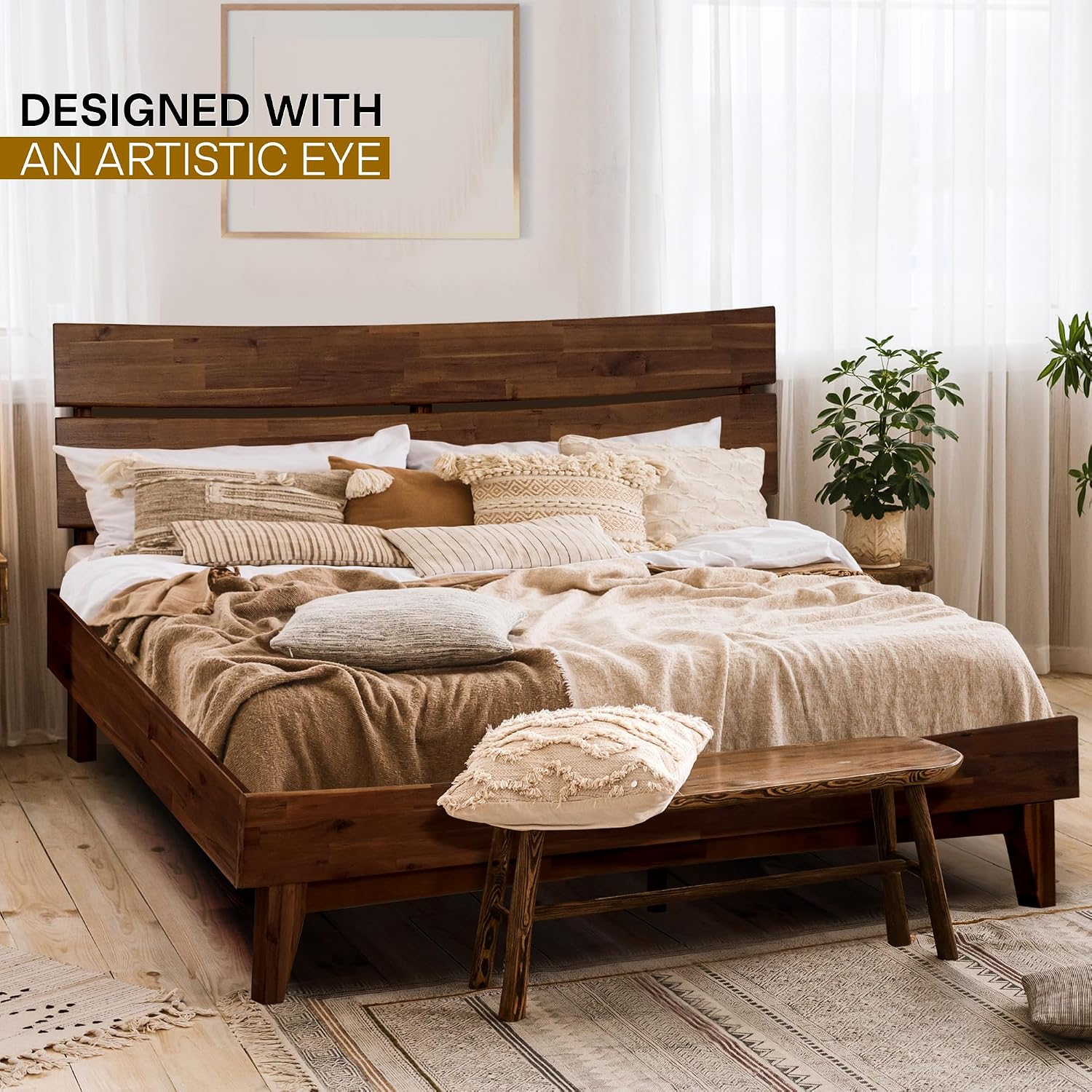 Acacia Aurora Bed Frame with Headboard Solid Wood Platform Bed, Bed Frame King, Scandinavian Signature Wood Bed Compatible with All Mattress Types, Non-Slip and Noise-Free, Chocolate