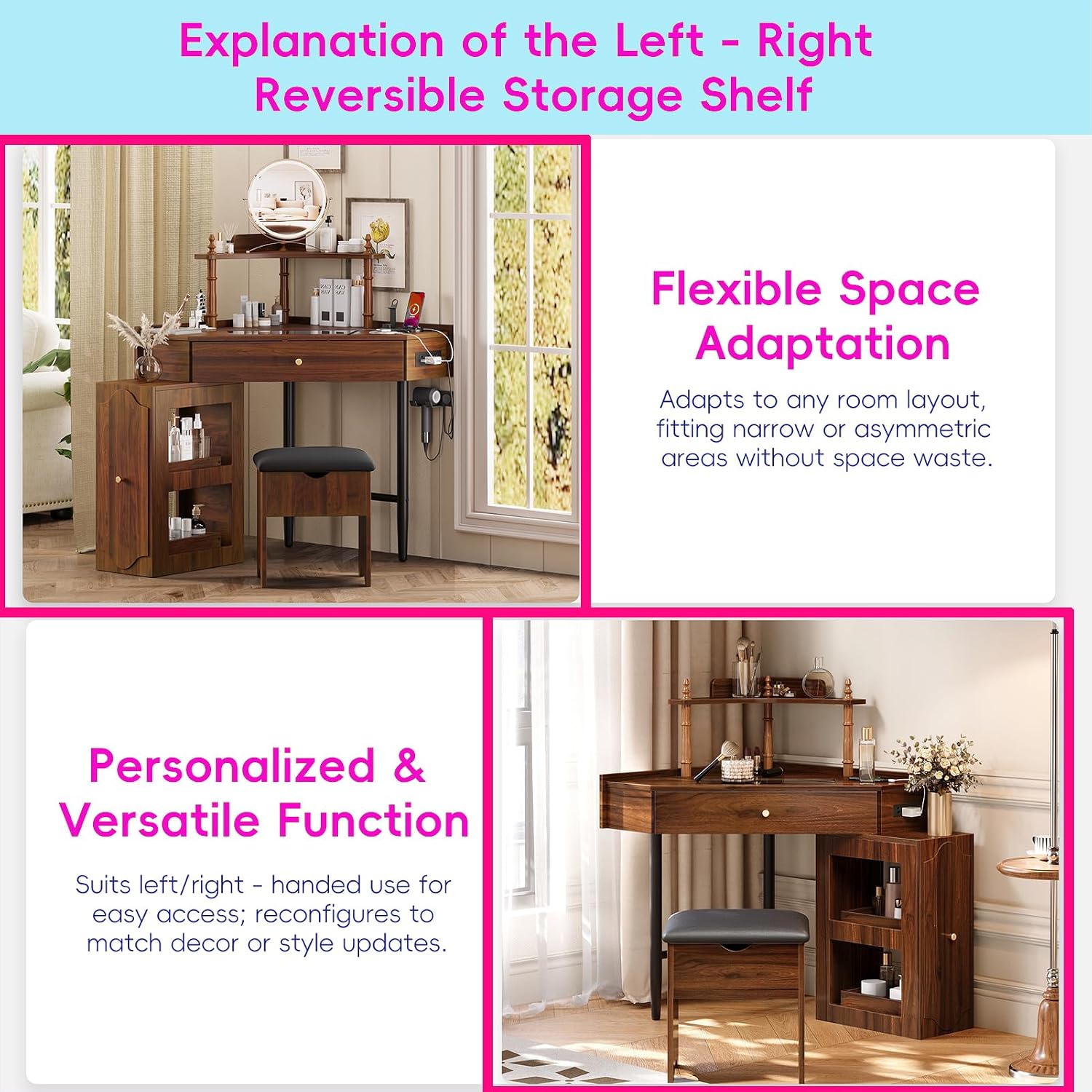 Corner Vanity Desk with Storage Stool Triangle Makeup Desk with Removable Pull-Out Side Cabinet Glass Tabletop Dressing Table with Drawer and Shelf for Bedroom, Walnut
