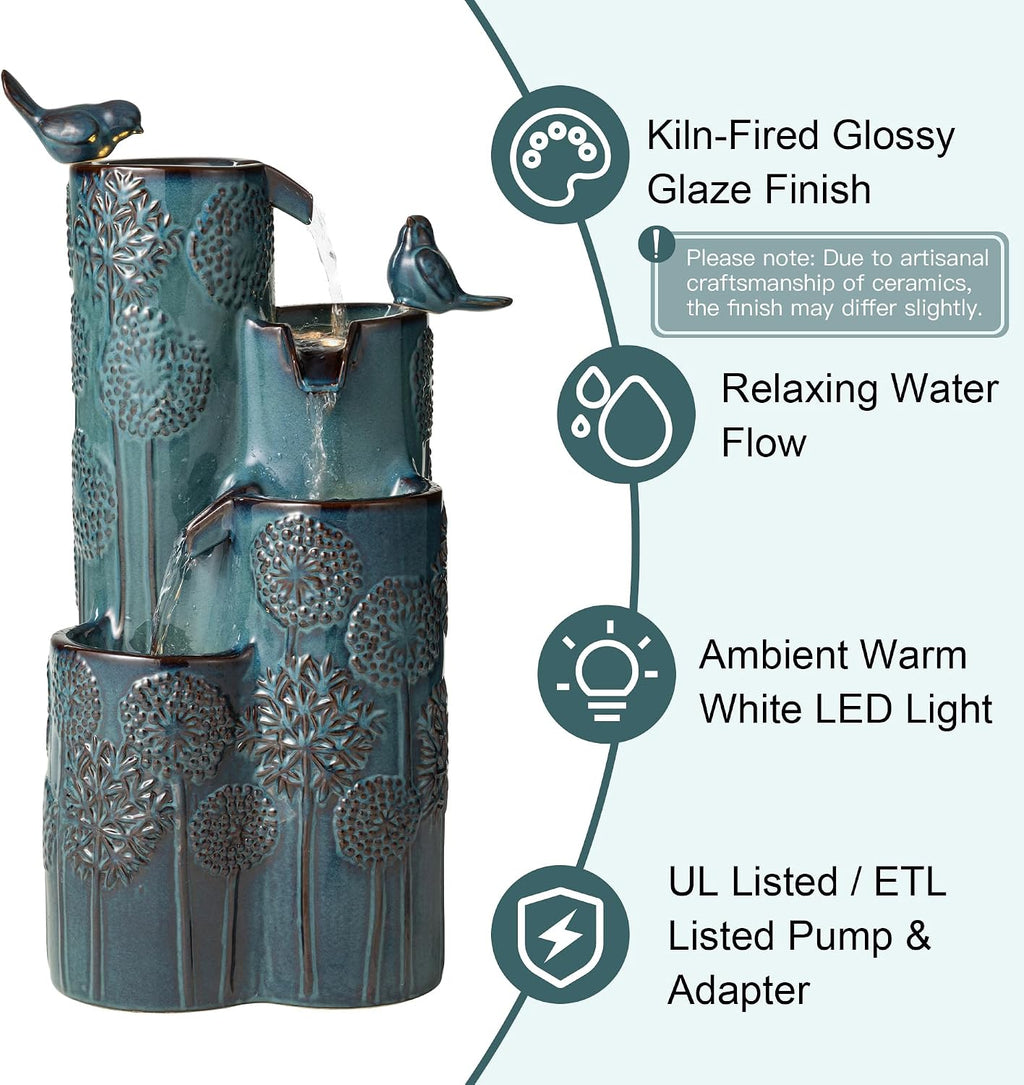 Glitzhome 27' H Outdoor Water Fountain with LED Light, Pump & Adapter, 4-Tier Turquoise Dandelion Vase Ceramic Cascading Garden Fountains Waterfalls with Birds, for Porch Deck Patio Backyard
