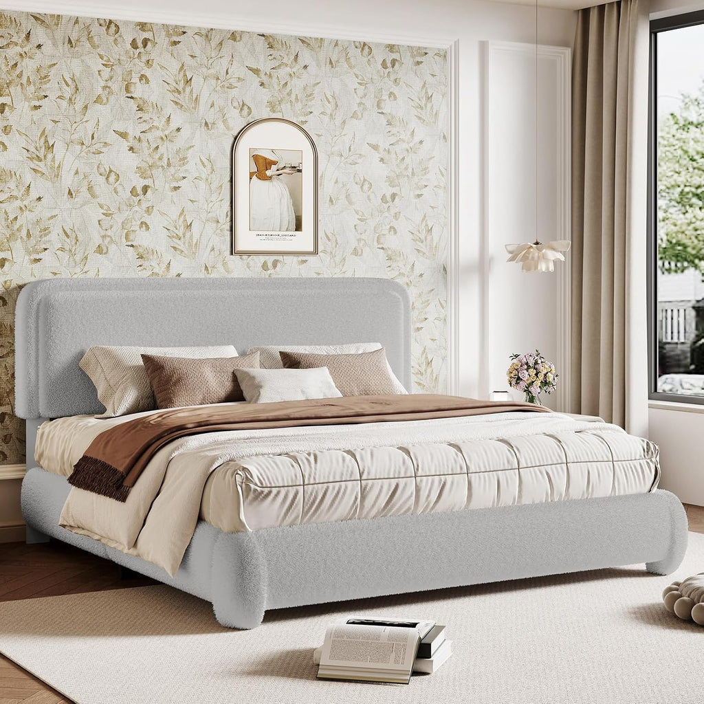 Kelway Upholstered Bed Frame King Size Modern Soft Boucle Bed Frame with Adjustable Heandboard, No Box Spring Needed, Easy Assembly, Light Grey