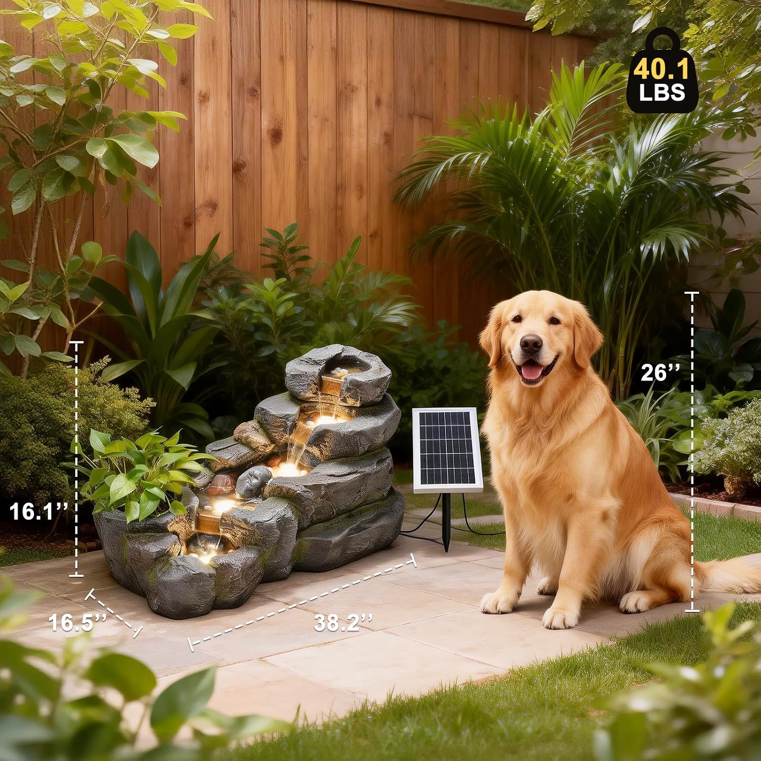 38.2' L Solar Water Fountain Outdoor Garden 5 Tiers Floor Standing Rock Natural Waterfall Outdoor Fountains with LED Lights and Planting Pot for Patio, Porch,Backyard,Home Art Decor