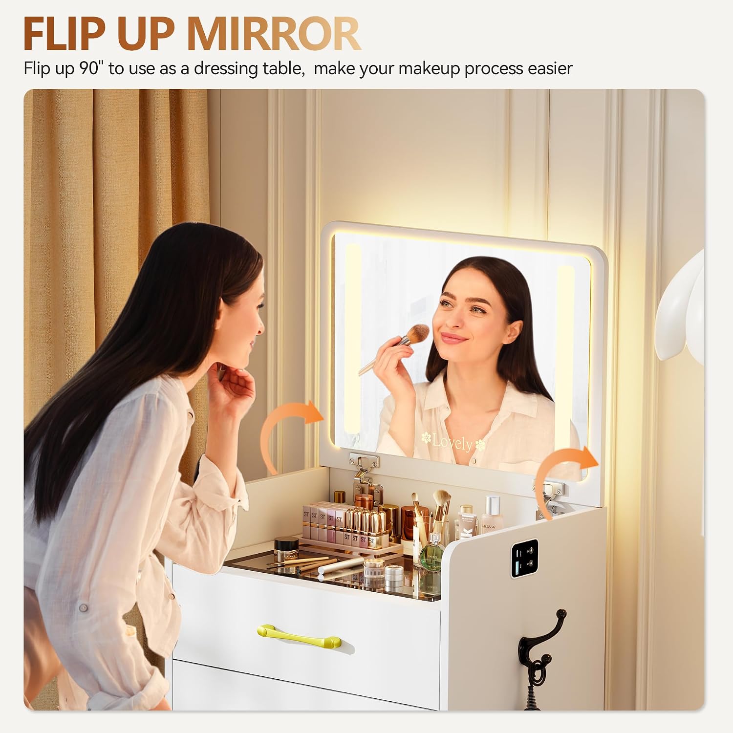 3 in 1 Vanity Desk with Flip up Mirror and Lights,Glass Top Makeup Vanity Table with Charging Station,LED Compact Dressing Table with 3 Drawer and Wheel Storage Stool for Bedroom(White)