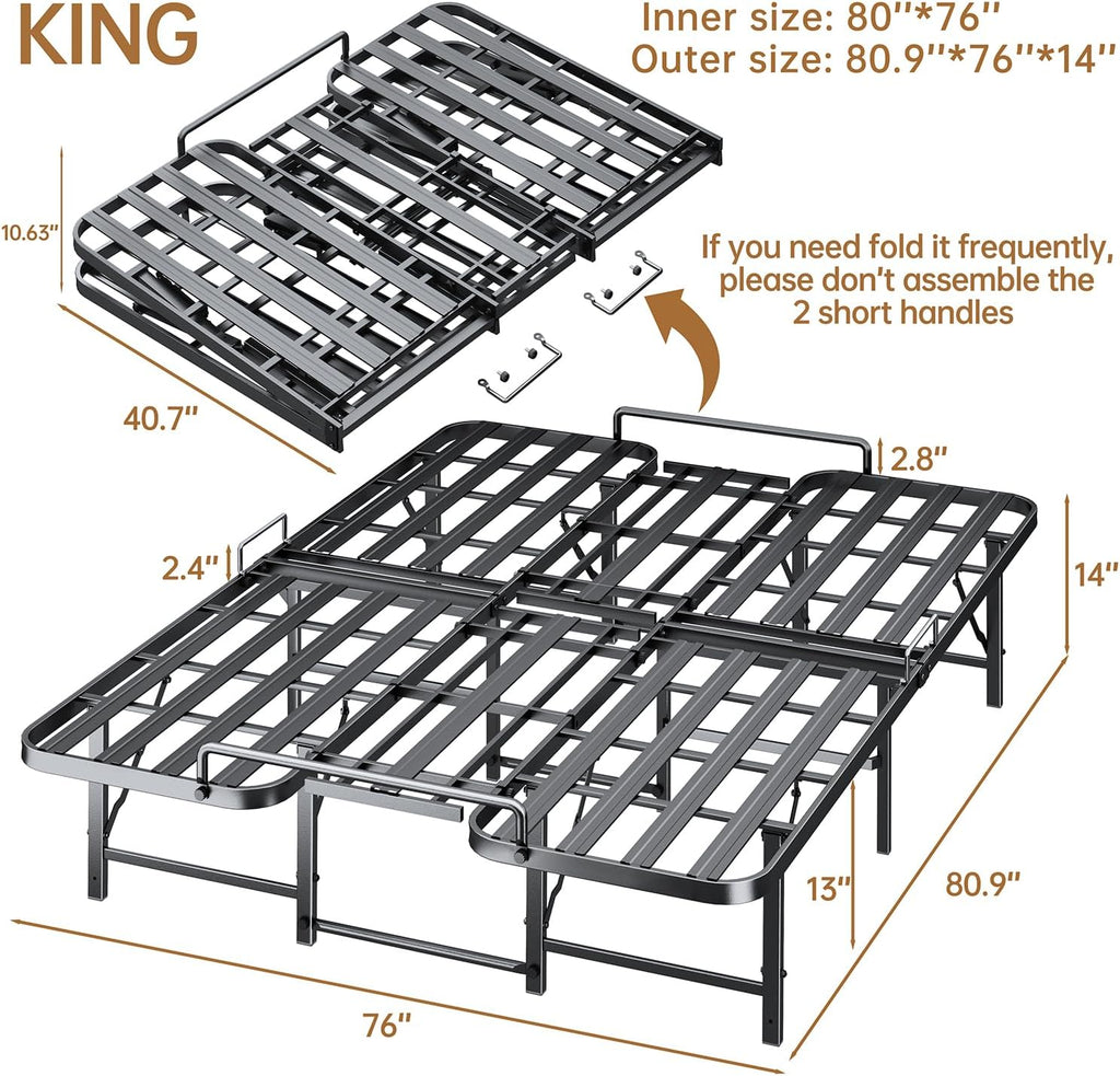 Heavy Duty King Size Bed Frame, 14 Inch Foldable Metal Bed Frame, King Platform Bed, Sturdy Mattress Foundation, Easy Assembly, No Box Spring Needed for King Size Mattress, Black
