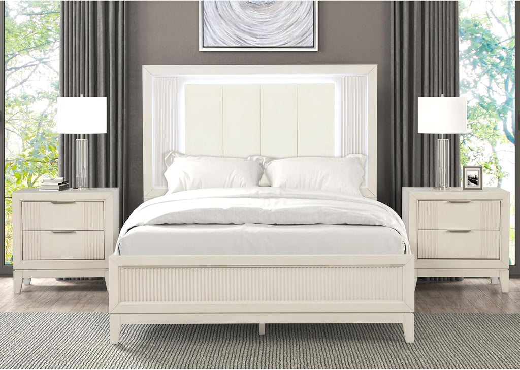 Furniture of America Oberlin Modern Wood 3-Piece Bedroom Collection with Bed Frame and 2-Drawer Nightstands Set of 2, Box Spring Required, Antique White, Queen