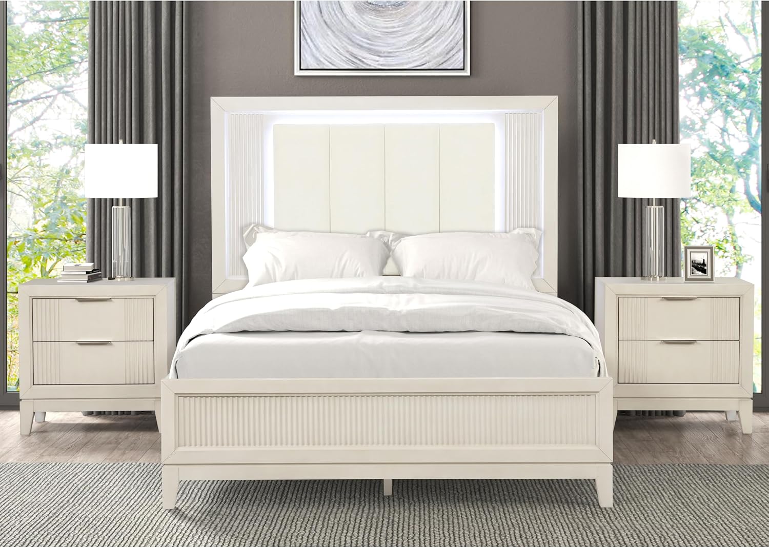 Furniture of America Oberlin Modern Wood 3-Piece Bedroom Collection with Bed Frame and 2-Drawer Nightstands Set of 2, Box Spring Required, Antique White, Queen