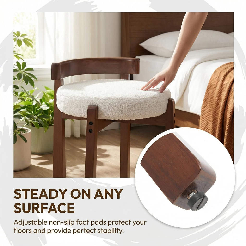 HNY Modern Boucle Ottoman : Upholstered Vanity Chair with Solid Wood Legs, Cute Round Footrest for Bedroom & Living Room, White