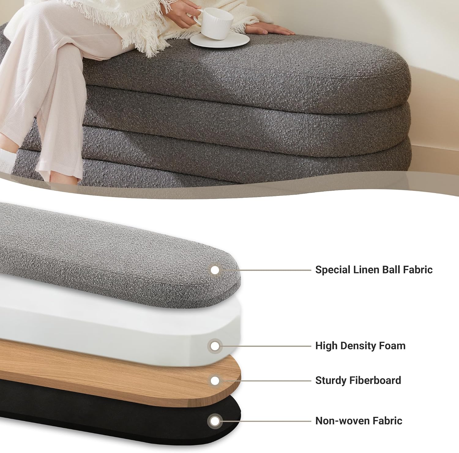 Busaurus Storage Ottoman Bench 49.2 Inch Upholstered Fabric Storage Bench for Bedroom End of Bed Aesthetic Large Oval Ottoman for Living Room(Grey)