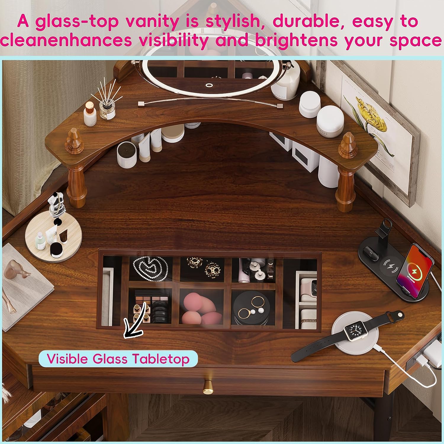 Corner Vanity Desk with Storage Stool Triangle Makeup Desk with Removable Pull-Out Side Cabinet Glass Tabletop Dressing Table with Drawer and Shelf for Bedroom, Walnut