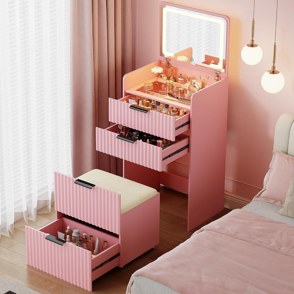 3-in-1 Small Vanity Desk with Flip Top Mirror and Lights,Fluted Compact Makeup Vanity with Storage Stool and Drawers,Mini Vanity Table Set for Bedroom Furniture,Pink