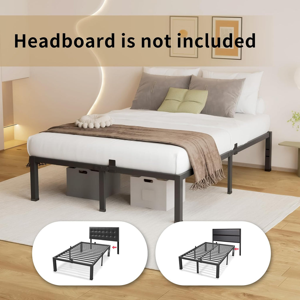 MAF 18 Inch King Size Bed Frame No Box Spring Needed Heavy Duty Platform King Bed Frame Steel Slat Support High Platform Bedframes with Storage Size Black Metal