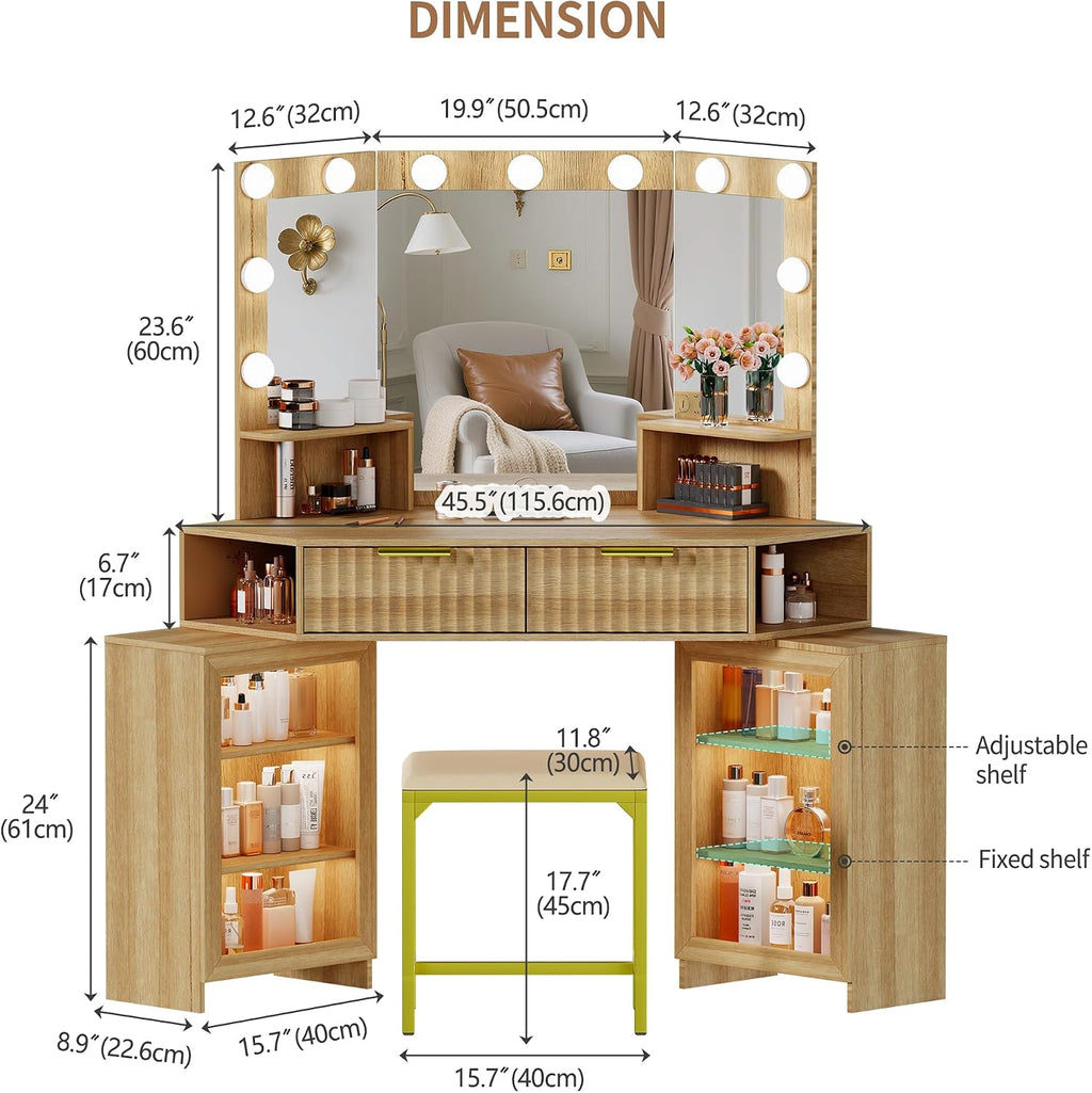Vanity Desk with LED Lights Mirror & Power Outlet – Corner Design, Makeup Vanity Table Set with Storage Drawers & Chair, 3 Lighting Modes for Living Room/Bedroom, Ideal for Gift (Wood)