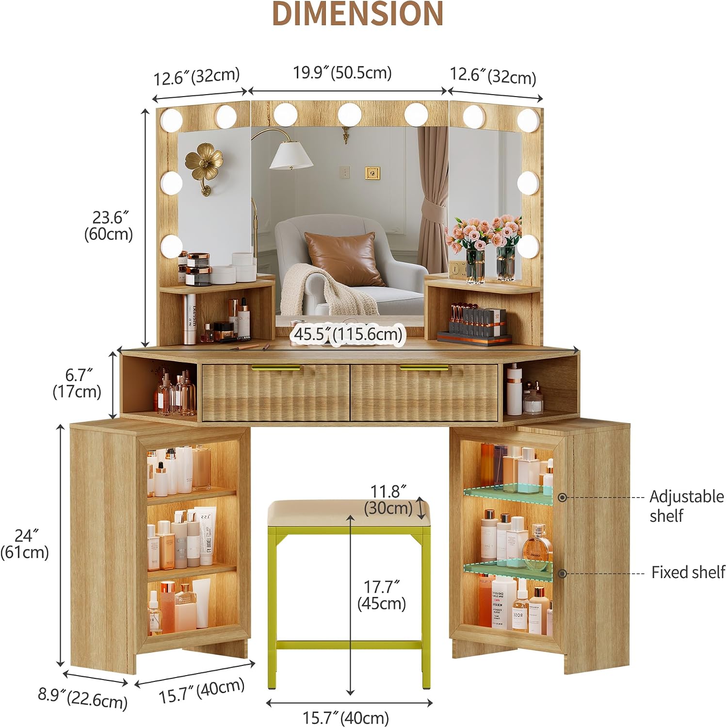 Vanity Desk with LED Lights Mirror & Power Outlet – Corner Design, Makeup Vanity Table Set with Storage Drawers & Chair, 3 Lighting Modes for Living Room/Bedroom, Ideal for Gift (Wood)