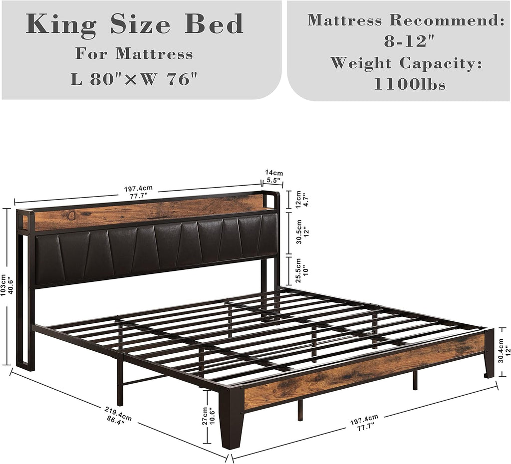 LIKIMIO King Bed Frame with Storage Headboard and Charging Station, Set of 2 Nightstands with Drawers, Shelves and Charging Stations, Vintage Brown