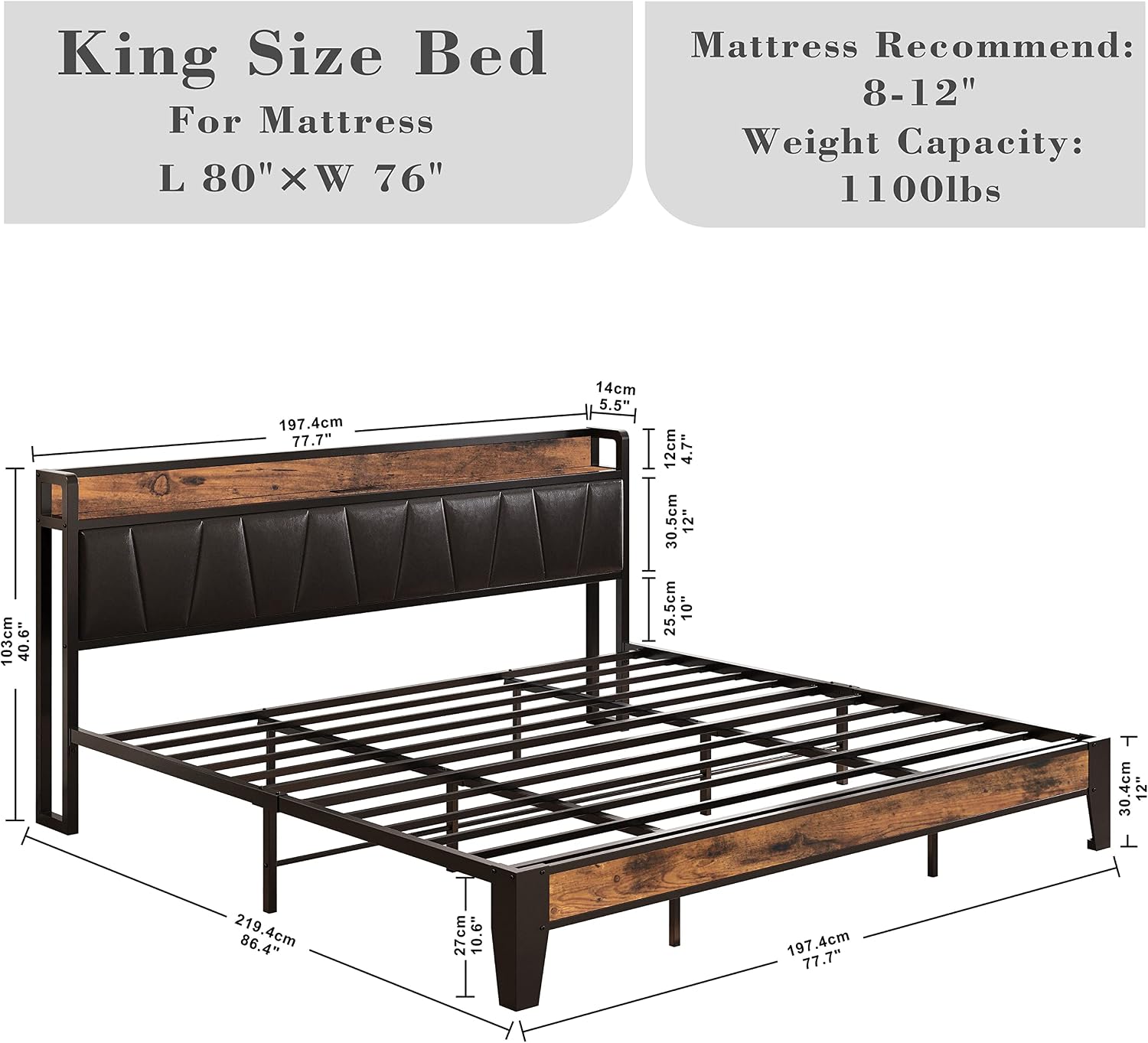LIKIMIO King Bed Frame with Storage Headboard and Charging Station, Set of 2 Nightstands with Drawers, Shelves and Charging Stations, Vintage Brown