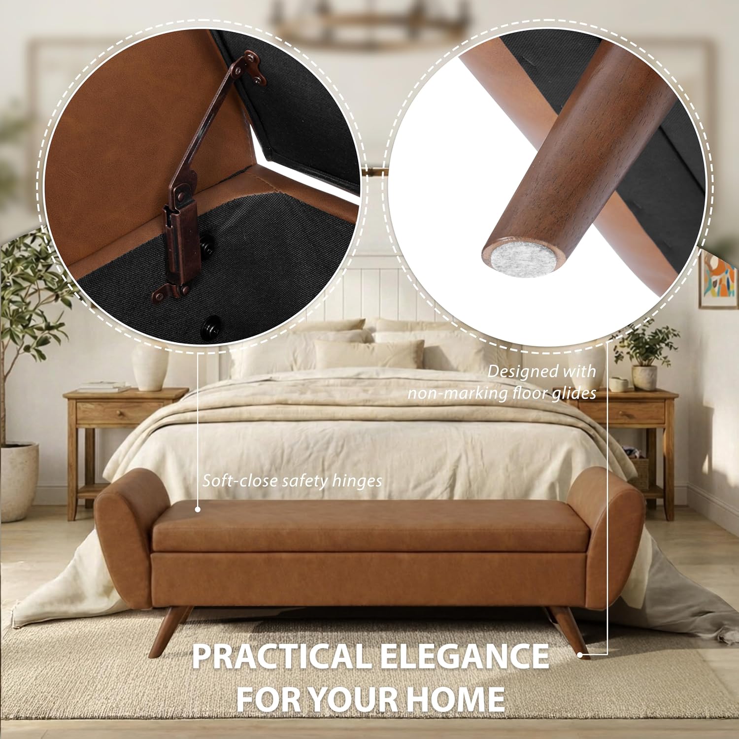 HomePop Modern Storage Bench with Wood Legs |Homepop Home Décor|Bench with Storage for Living Room & Bedroom - Faux Leather Brown