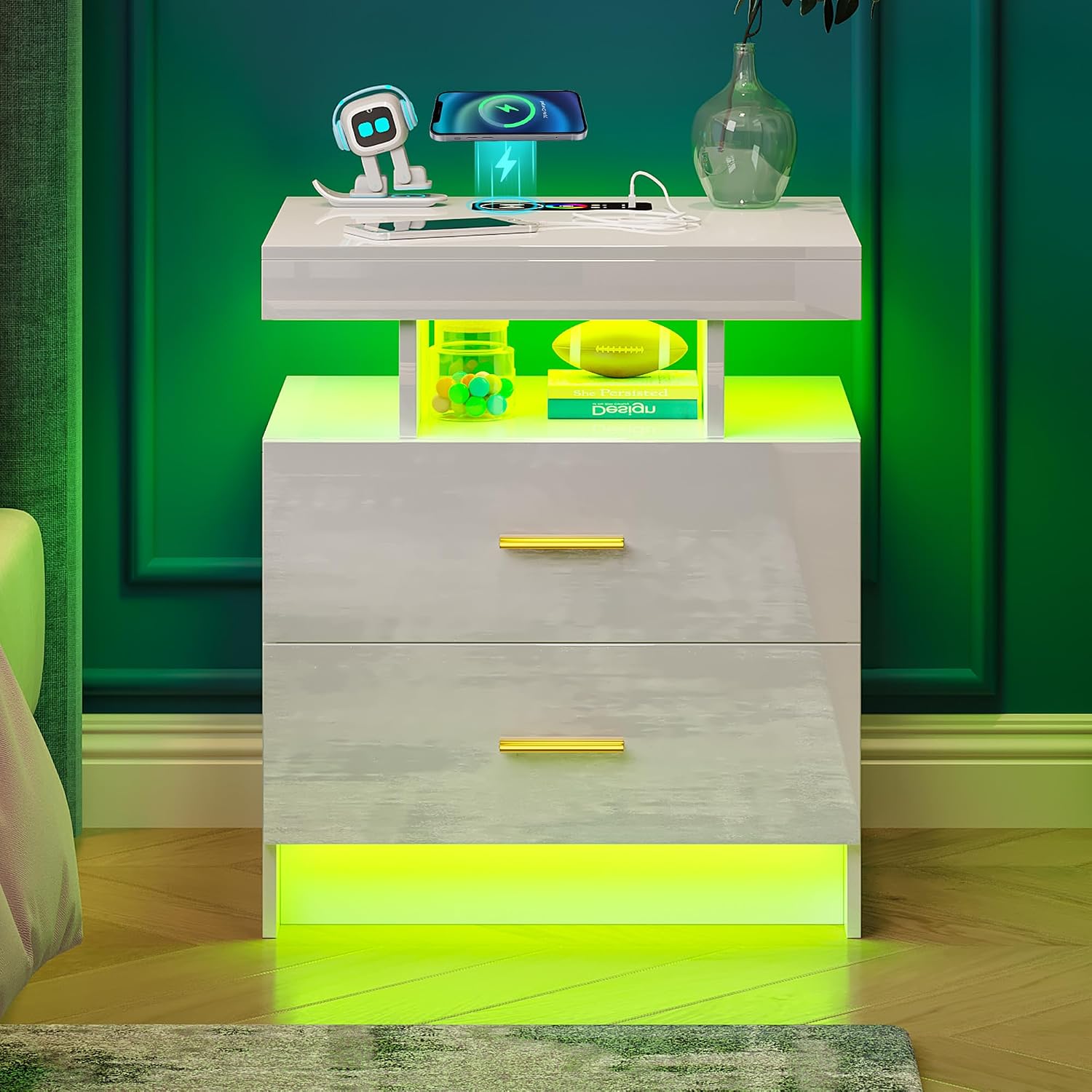 WOOVIVS Night Stand Set 2 with USB/Type-C/Wireless Charging Station, White Nightstands with RGB Auto LED Lights, Modern Bedside Table Set of 2 with 2 Drawers for Bedroom Furniture
