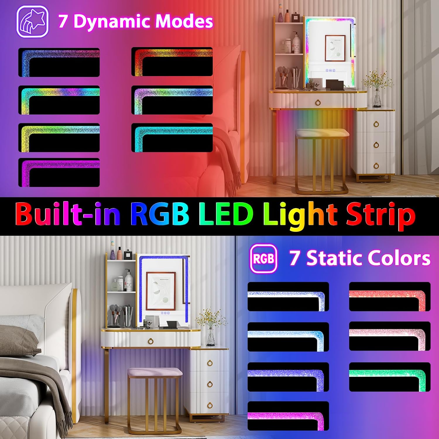 CHARMAID RBG Vanity Desk with Lights and Mirror, 7 Dynamic & 7 Static Modes, White Makeup Vanity Table with 3-Drawer Chest, 3 Shelves, Jewelry Storage Drawer, Girls Dressing Table with Stool