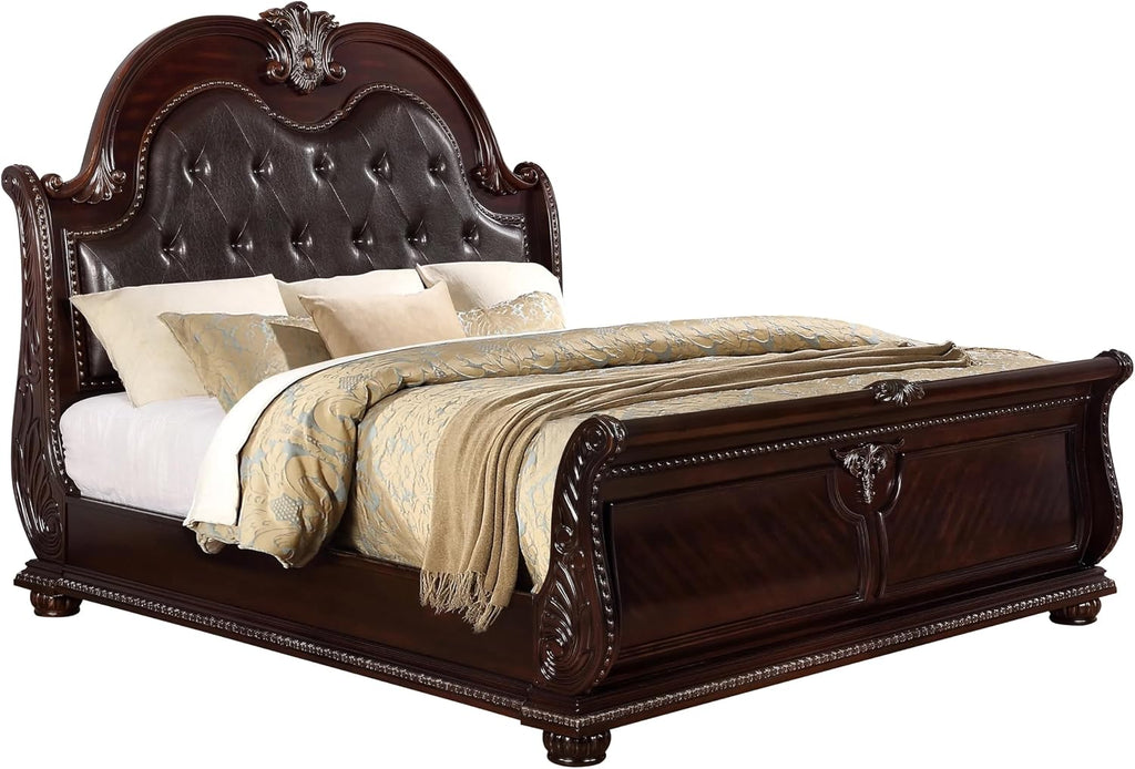 Generic Traditional Formal Classic 5pc Set King Size Faux Leather Upholstery Panel Bed Cherry Finish Marble Top Storage Pieces Solid Wood Furniture, Brown, HSB1600-K5pc