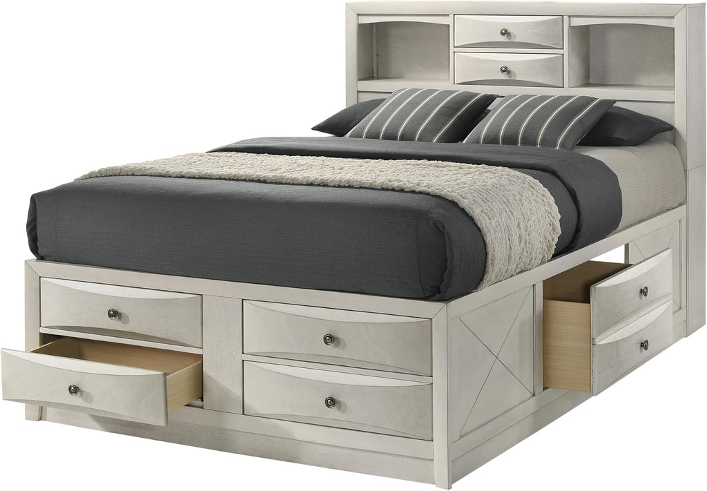 3pc Antique White Finish Bedroom Set Solid Wood Platform King Size Captain's Bed Wooden Furniture
