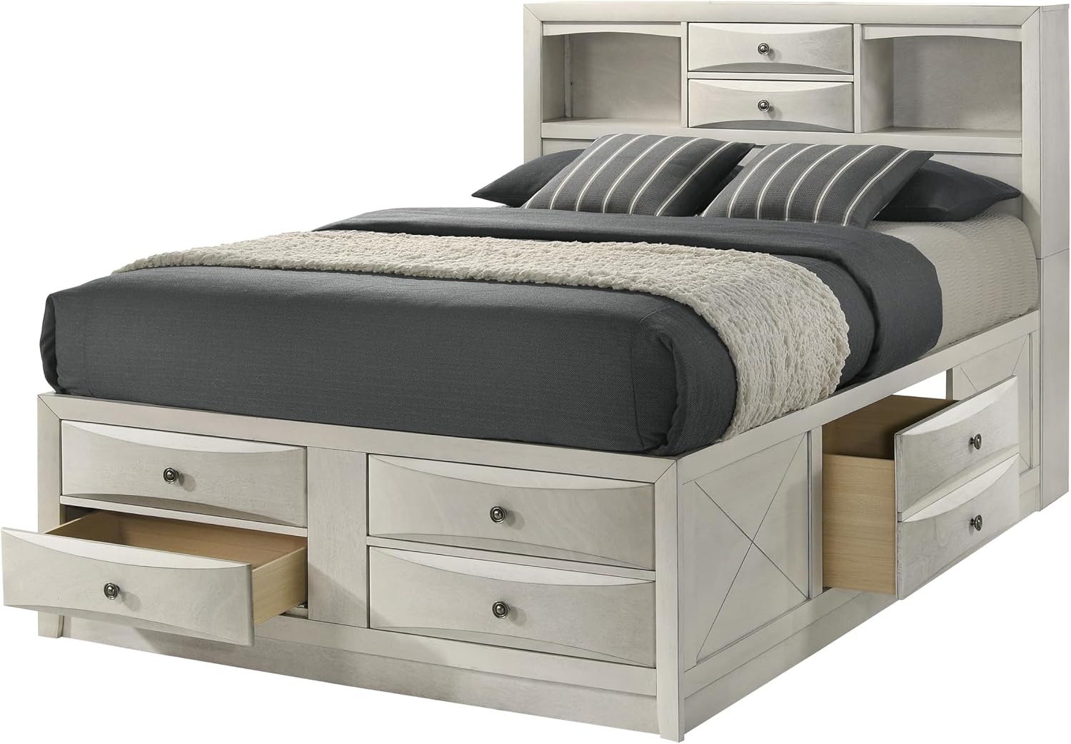 3pc Antique White Finish Bedroom Set Solid Wood Platform King Size Captain's Bed Wooden Furniture