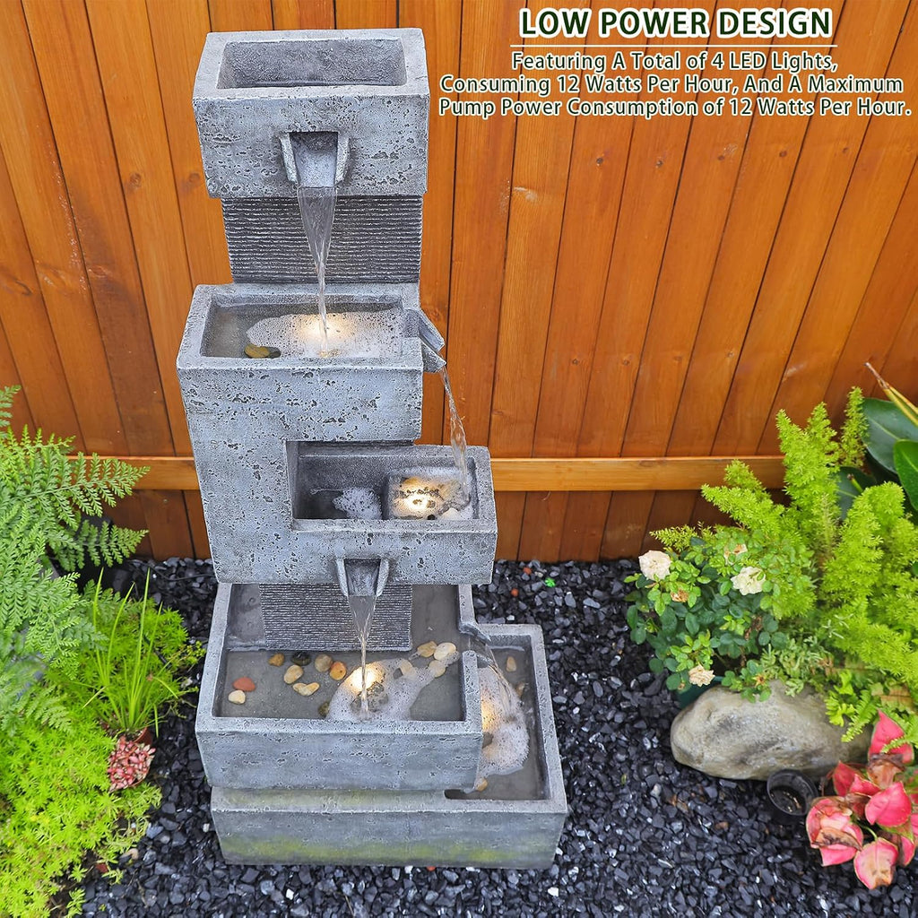 Bumilgar Garden Fountains Outdoor Water Fountain - 47.2 Inches 4 Tired Modern Indoor Floor Standing Outdoor Fountain with Lights Pump for Garden Patio Backyard Porch Home Art Decor