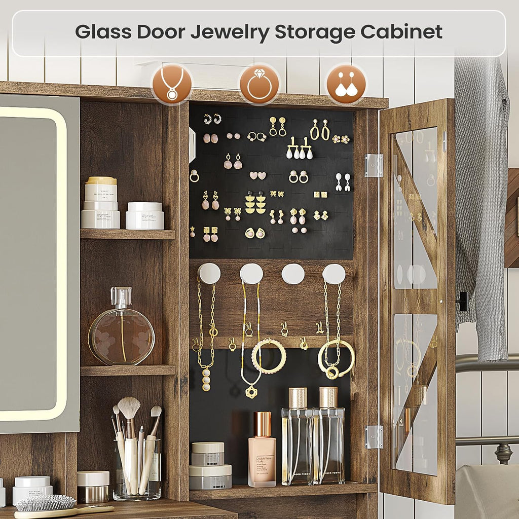 AOGLLATI Farmhouse Vanity Desk with Mirror and Lights, Makeup Vanity Set with Lights & Jewelry Cabinet & 5 Drawers, Vanity Table with Charging Station, Hidden Storage Space for Bedroom, Brown