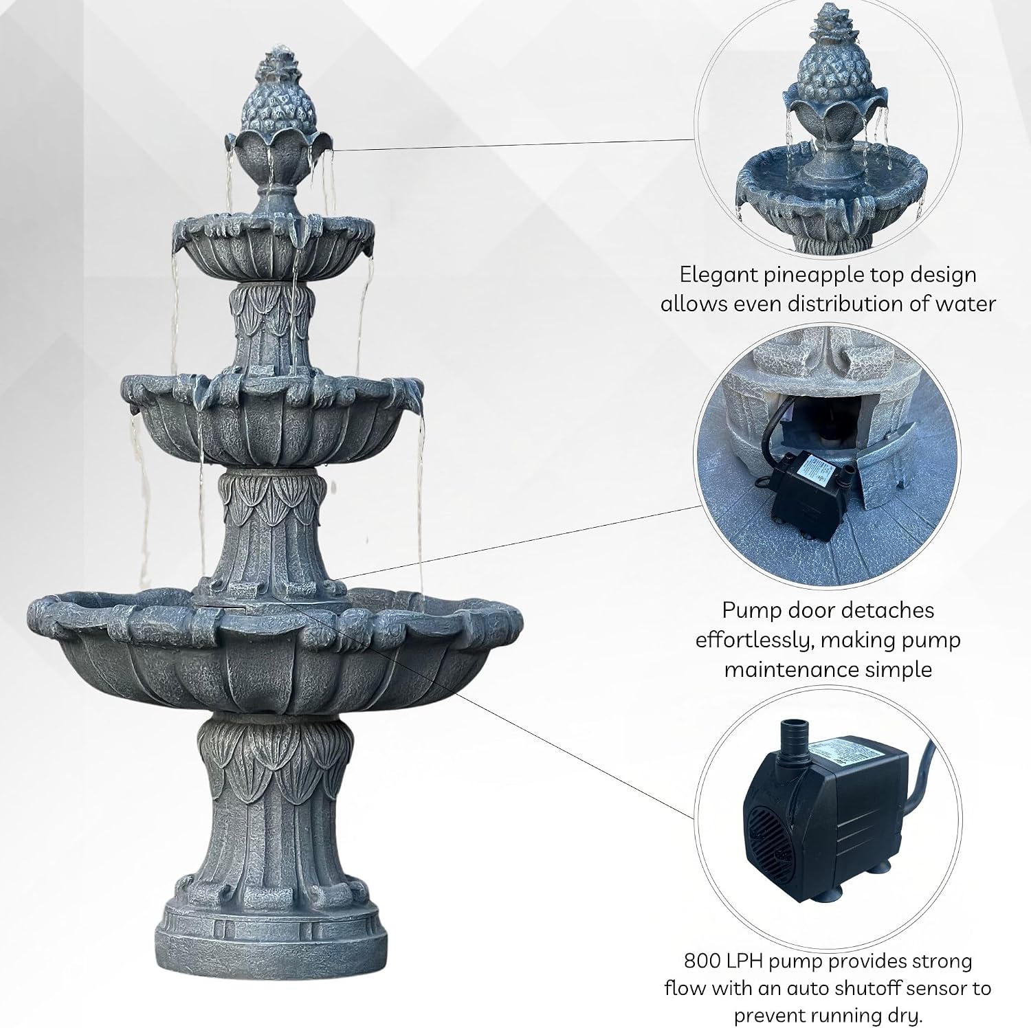 XBrand 58.3' 3-Tier Outdoor Freestanding Water Fountain - Classic Leaf Design, White Resin, Large Bird Bath with Pump - Ideal for Yard, Lawn and Garden, Porch Décor